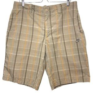 Retro Nike Bermuda Shorts 11" Mens Sz L Tan Plaid Flat Front Pocket Relax Fit
